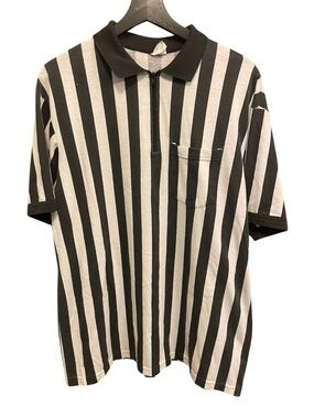 Vtg 80's Majestic XL Referee Shirt Men's Black & White Striped Short Sleeve Zip